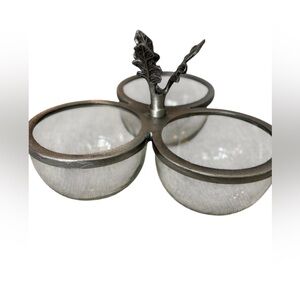 Vintage Triple Condiment Dish 3 Section Glass Relish Server Pewter Tone Handle